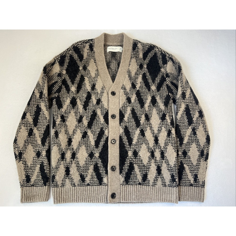 Abercrombie & Fitch Soft AF Argyle Cardigan Sweater Mens Medium Tan Black
